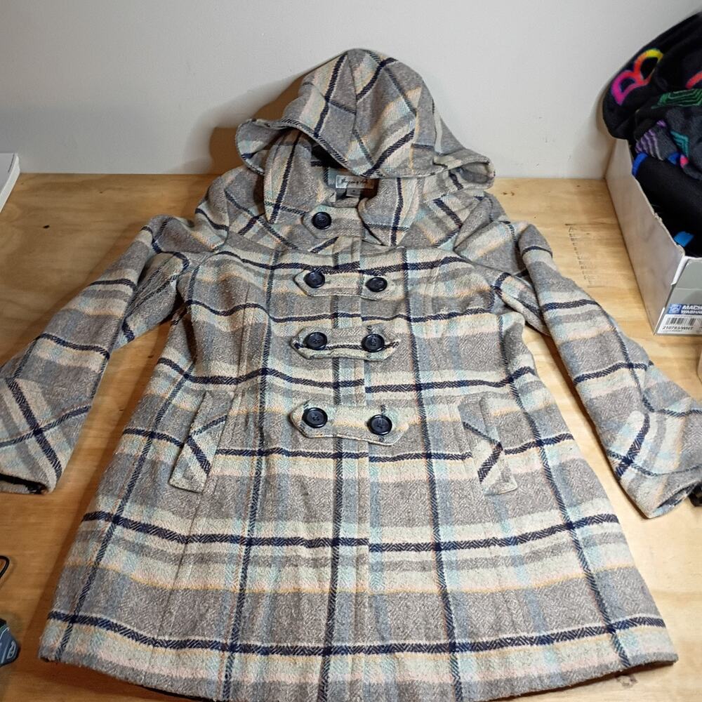 Preston & York Plaid Coat Size 8 Gray Blue Hooded Double Breasted Wool Blend Vtg